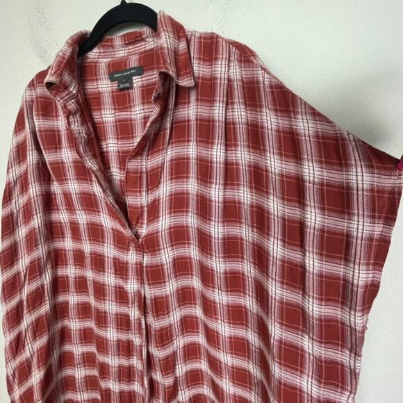 French Connection Over-sized Short Sleeve Plaid Popover Top Size L Red - Picture 2 of 6